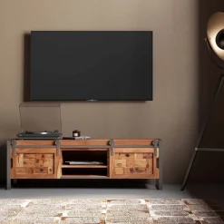 Szafka RTV Drzwi Przesuwne Drewno Akacjowe Nogi Stalowe 145x45 Cm