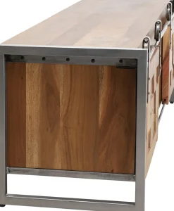 Szafka RTV Drzwi Przesuwne Drewno Akacjowe Nogi Stalowe 145x45 Cm
