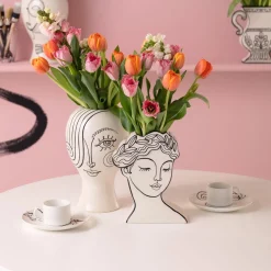 Wazon Ceramiczny Biały Motyw Kobiety Ø19x30 Cm