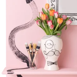 Wazon Ceramiczny Biały Motyw Mężczyzny Ø19x30 Cm