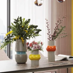 Wazon Do Salonu W Paski Niebieski Detal Ø15x31 Cm Porcelana