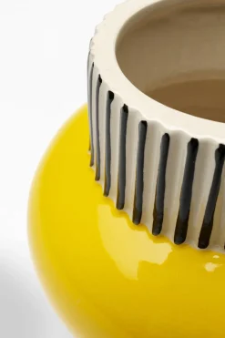 Wazon Do Salonu W Paski żółty Detal Ø16x16 Cm Porcelana